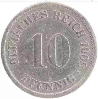 Монета 10 пфеннигов Германии 1908 года Медно-никель F