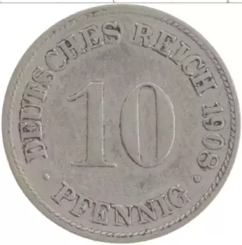 Монета 10 пфеннигов Германии 1908 года Медно-никель D