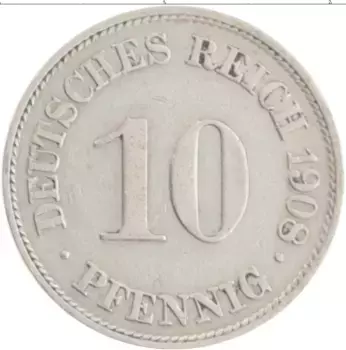 Монета 10 пфеннигов Германии 1908 года Медно-никель А