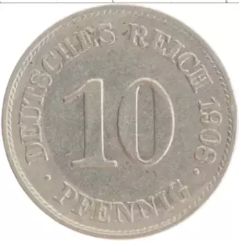 Монета 10 пфеннигов Германии 1908 года Медно-никель E