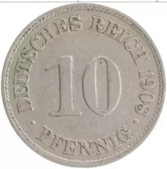 Монета 10 пфеннигов Германии 1908 года Медно-никель A