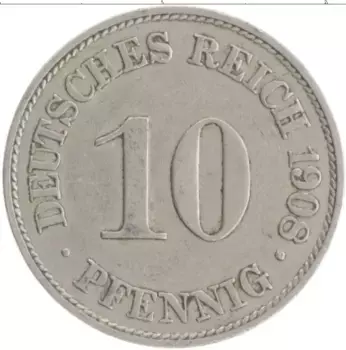 Монета 10 пфеннигов Германии 1908 года Медно-никель A