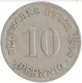Монета 10 пфеннигов Германии 1908 года Медно-никель D