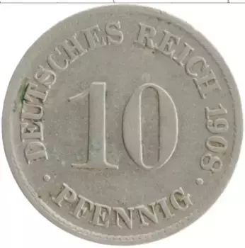 Монета 10 пфеннигов Германии 1908 года Медно-никель D