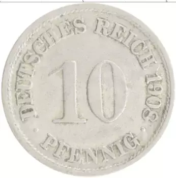 Монета 10 пфеннигов Германии 1908 года Медно-никель F