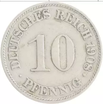 Монета 10 пфеннигов Германии 1908 года Медно-никель A