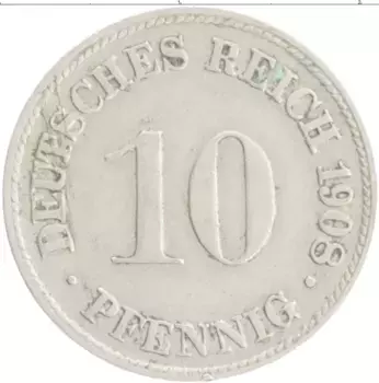 Монета 10 пфеннигов Германии 1908 года Медно-никель D