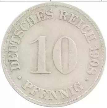 Монета 10 пфеннигов Германии 1908 года Медно-никель D