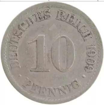 Монета 10 пфеннигов Германии 1909 года Медно-никель A