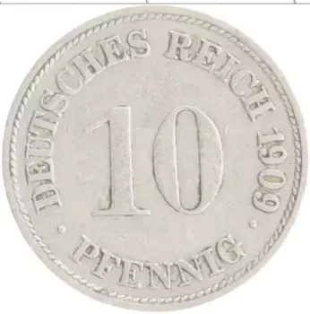Монета 10 пфеннигов Германии 1909 года Медно-никель D