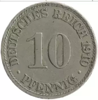 Монета 10 пфеннигов Германии 1910 года Медь A