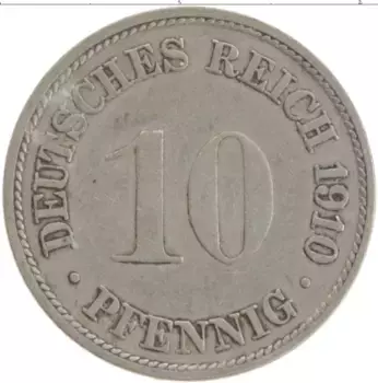 Монета 10 пфеннигов Германии 1910 года Медно-никель F