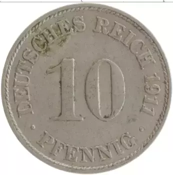 Монета 10 пфеннигов Германии 1911 года Медно-никель D
