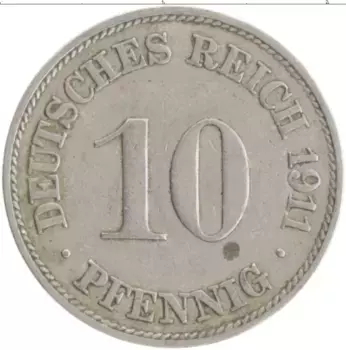 Монета 10 пфеннигов Германии 1911 года Медно-никель J