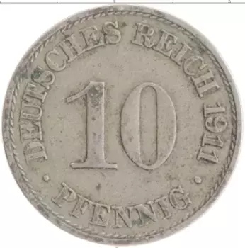 Монета 10 пфеннигов Германии 1911 года Медно-никель А