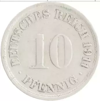 Монета 10 пфеннигов Германии 1911 года Медно-никель F