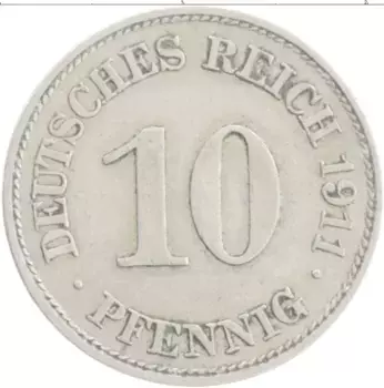 Монета 10 пфеннигов Германии 1911 года Медно-никель E