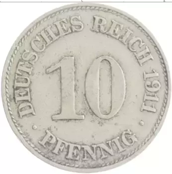 Монета 10 пфеннигов Германии 1911 года Медно-никель E