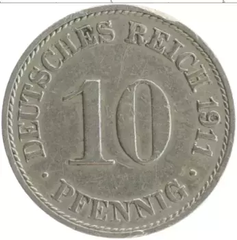Монета 10 пфеннигов Германии 1911 года Медно-никель А