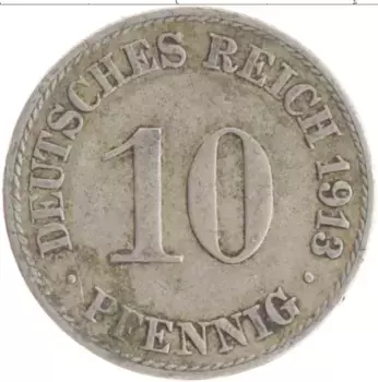 Монета 10 пфеннигов Германии 1913 года Медно-никель А