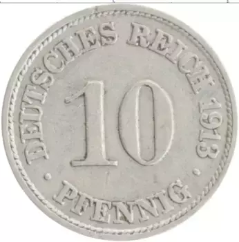 Монета 10 пфеннигов Германии 1913 года Медно-никель J