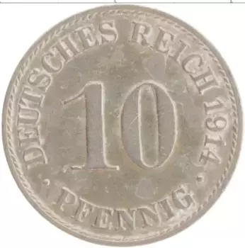 Монета 10 пфеннигов Германии 1914 года Медно-никель A