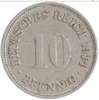 Монета 10 пфеннигов Германии 1914 года Медно-никель F