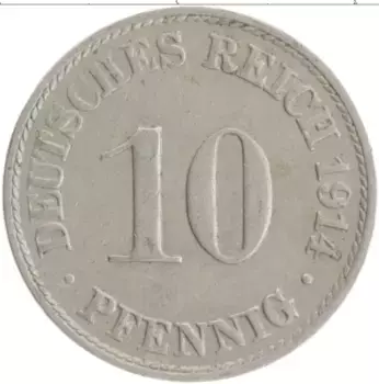Монета 10 пфеннигов Германии 1914 года Медно-никель А