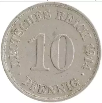 Монета 10 пфеннигов Германии 1914 года Медно-никель F