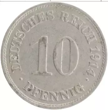 Монета 10 пфеннигов Германии 1914 года Медно-никель E