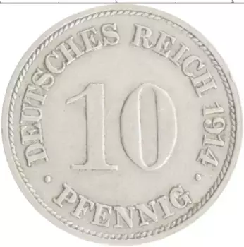 Монета 10 пфеннигов Германии 1914 года Медно-никель G