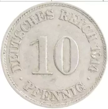 Монета 10 пфеннигов Германии 1914 года Медно-никель J