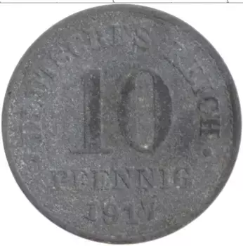 Монета 10 пфеннигов Германии 1917 года Цинк А