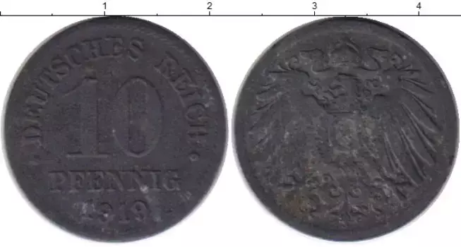 Монета 10 пфеннигов Германии 1919 года Цинк