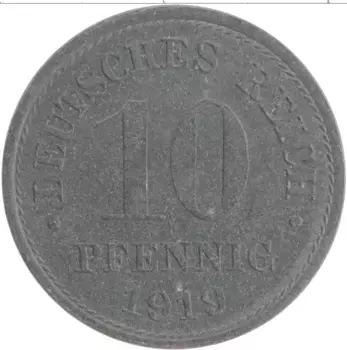 Монета 10 пфеннигов Германии 1919 года Цинк Герб