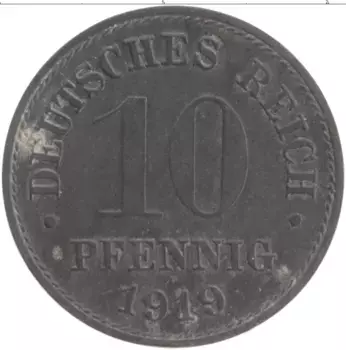 Монета 10 пфеннигов Германии 1919 года Цинк