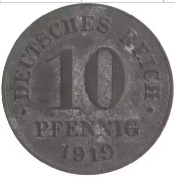 Монета 10 пфеннигов Германии 1919 года Цинк