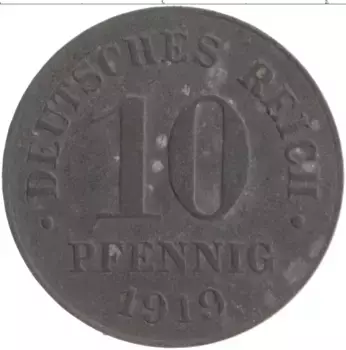 Монета 10 пфеннигов Германии 1919 года Цинк