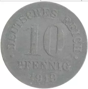Монета 10 пфеннигов Германии 1919 года Цинк