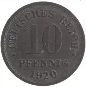 Монета 10 пфеннигов Германии 1920 года Цинк