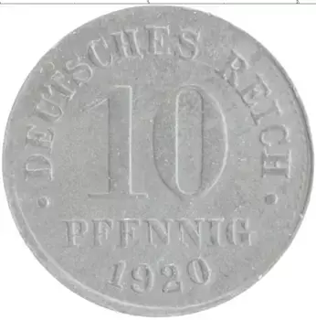 Монета 10 пфеннигов Германии 1920 года Цинк