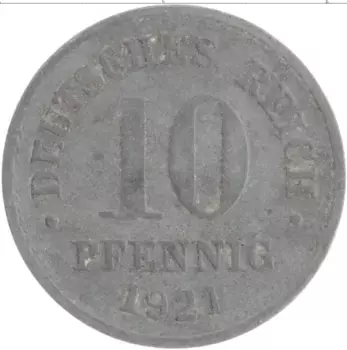 Монета 10 пфеннигов Германии 1921 года Цинк Герб
