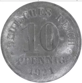 Монета 10 пфеннигов Германии 1921 года Цинк