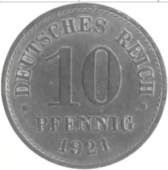 Монета 10 пфеннигов Германии 1921 года Цинк