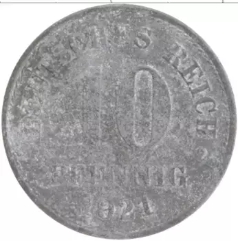 Монета 10 пфеннигов Германии 1921 года Цинк