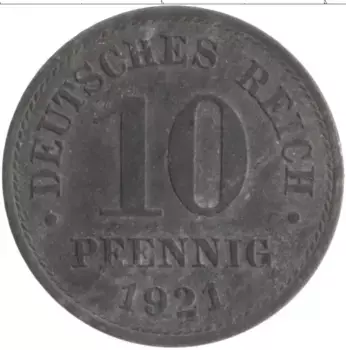 Монета 10 пфеннигов Германии 1921 года Цинк