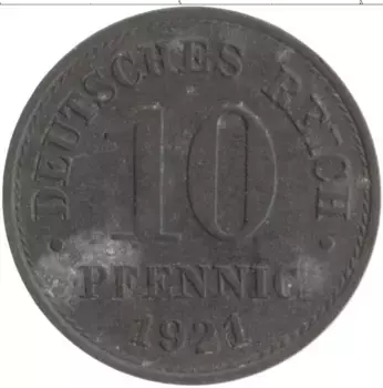 Монета 10 пфеннигов Германии 1921 года Цинк
