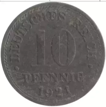 Монета 10 пфеннигов Германии 1921 года Цинк