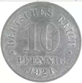 Монета 10 пфеннигов Германии 1921 года Цинк