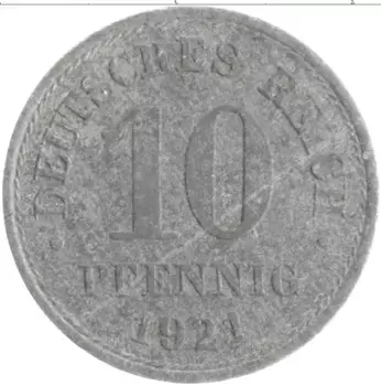 Монета 10 пфеннигов Германии 1921 года Цинк